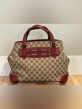 Gucci Beige GG Canvas Web Dressage Tote with Red Leather Trim EUC!